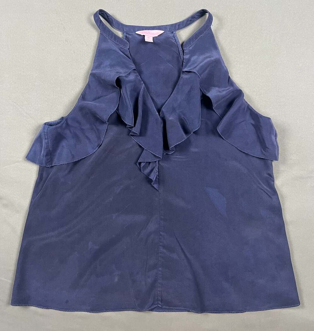 Lilly Pulitzer Navy Blue Silk Ruffle Halter Top Blouse Size M Style 28310